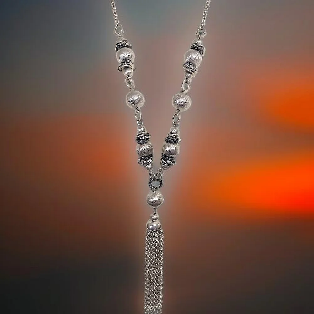 Y Drop Beaded Tassel Chain Necklace Bohemian‎ Western Witchy Silver Tone Gypsy